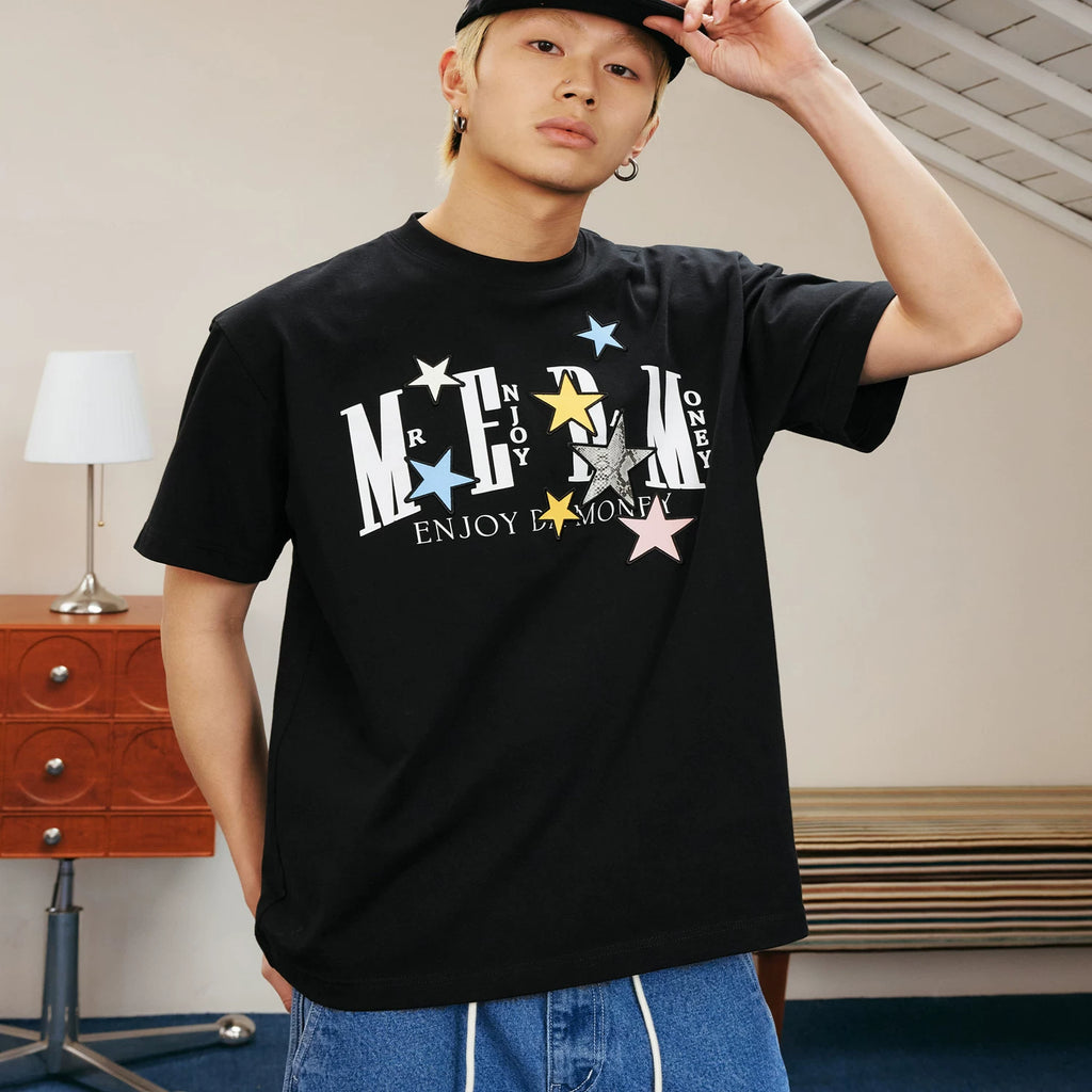 MEDM26SS snake pattern patchwork star short sleeved summer women's American design T-shirt men's casual couple top trendy