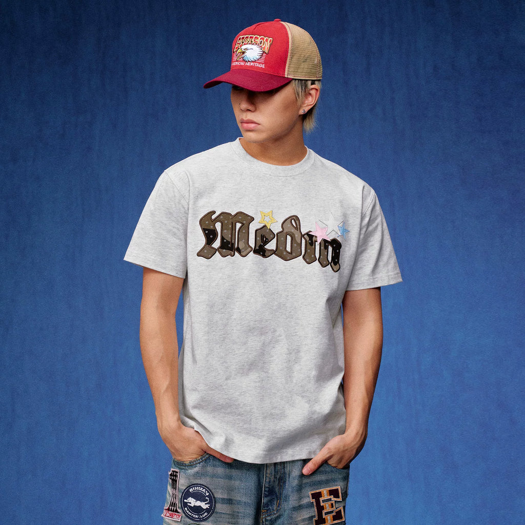 MEDM Sticky Star Camouflage Wave Dot Embroidered Casual Round Neck Short Sleeve Trendy Brand Heavy duty Letter Printed T-shirt for Men