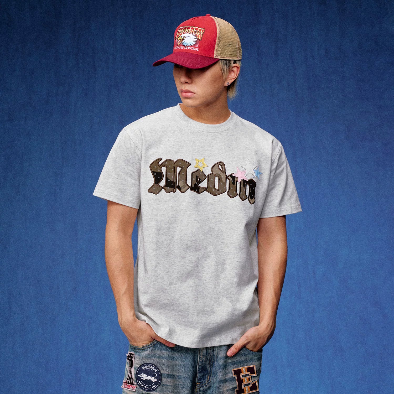 MEDM Sticky Star Camouflage Wave Dot Embroidered Casual Round Neck Short Sleeve Trendy Brand Heavy duty Letter Printed T-shirt for Men
