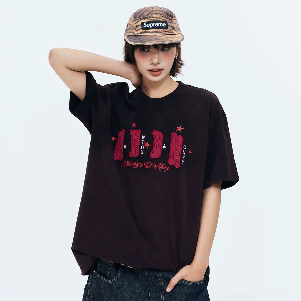 MEDM gradient washed cloth embroidered logo casual round neck short sleeved summer street versatile simple loose couple T-shirt