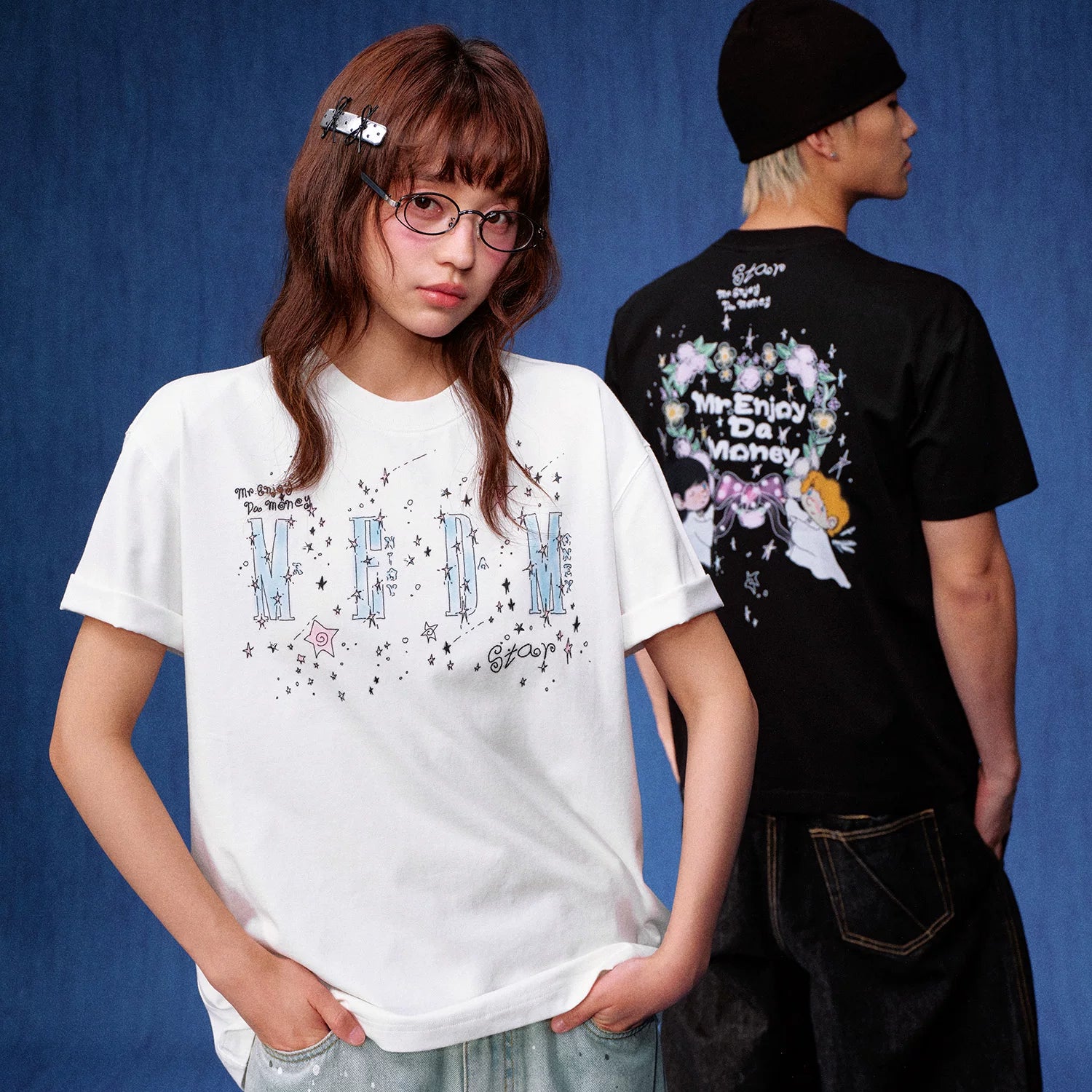 MEDM flower wreath, little angel print logo, star studded casual round neck short sleeved trendy loose couple T-shirt, summer