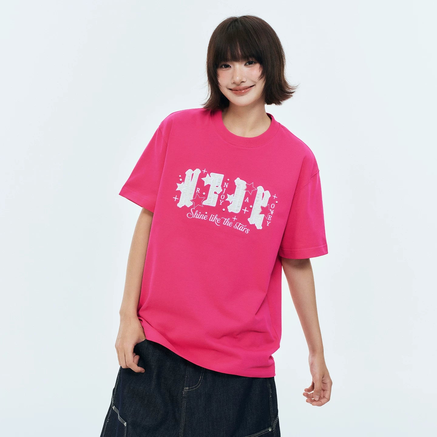 MEDM Little Fragrance Patch Logo Star Pearl Nail Embroidery Casual Short Sleeve Loose Round Neck Couple T-shirt Summer