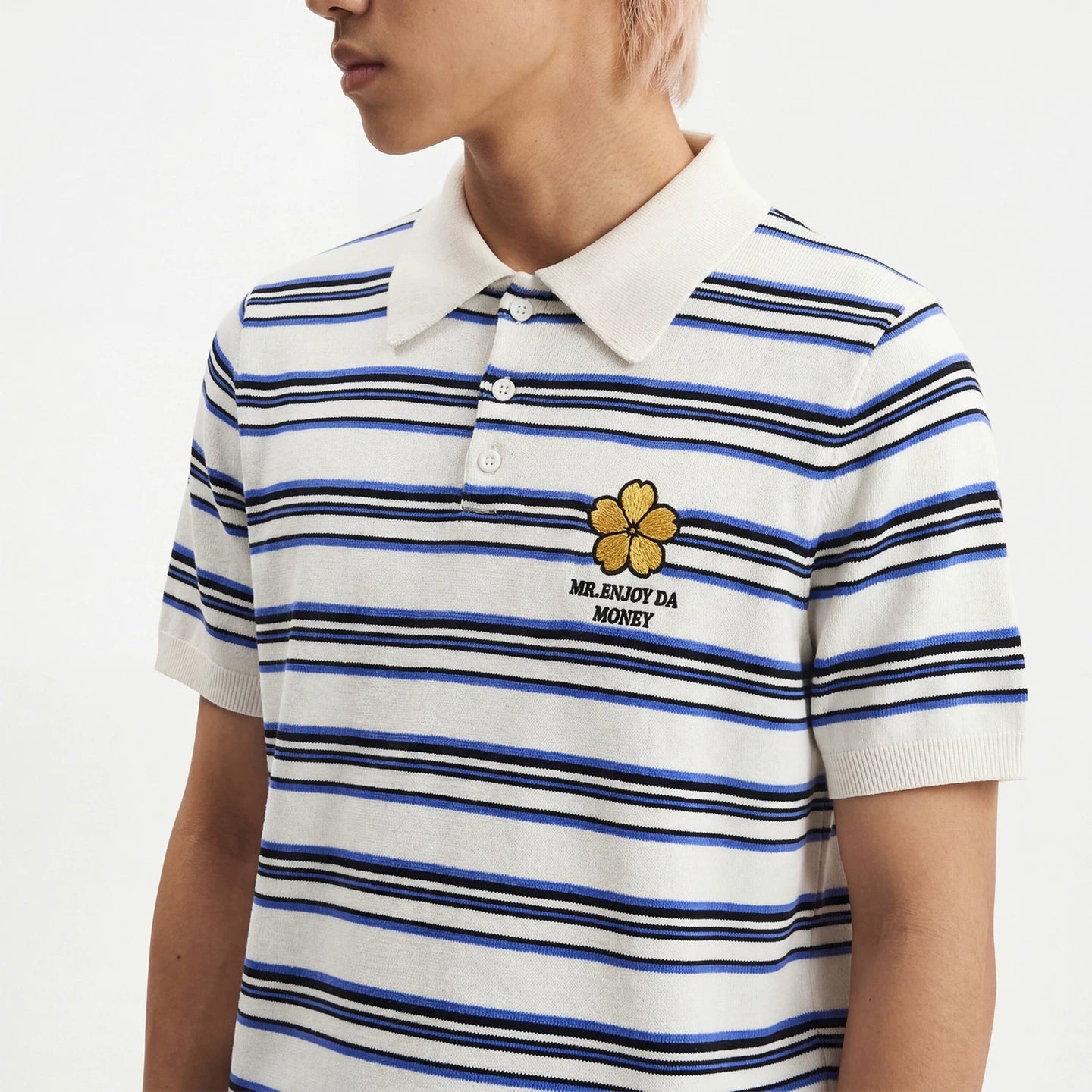 MEDM fine stripe three-dimensional small flower embroidery men's casual lapel polo knitted shirt loose short sleeved top summer