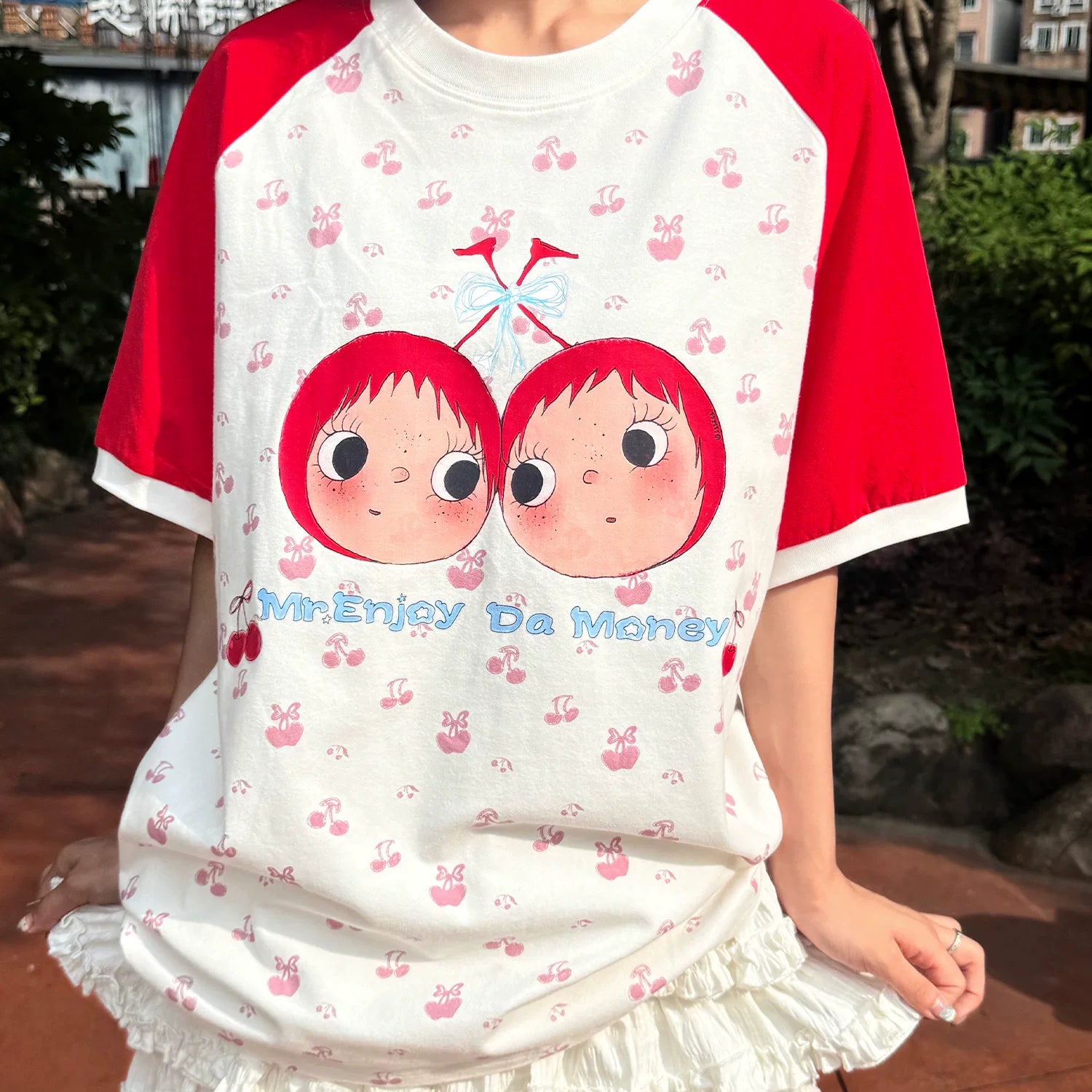 MEDM × YUY Jade Collaboration - Cherry Small Edition Shoulder Insertion Full Print Color Contrasting Casual Round Neck Short Sleeve Trendy Couple T-shirt