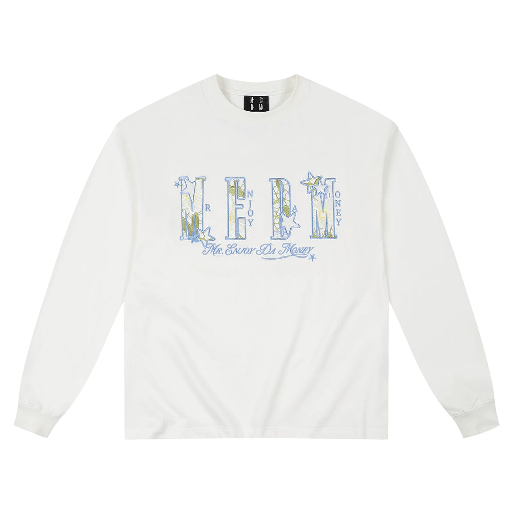 MEDM letter hollowed out flower patch casual long sleeved T-shirt simple and versatile commuting round neck couple top for spring and autumn