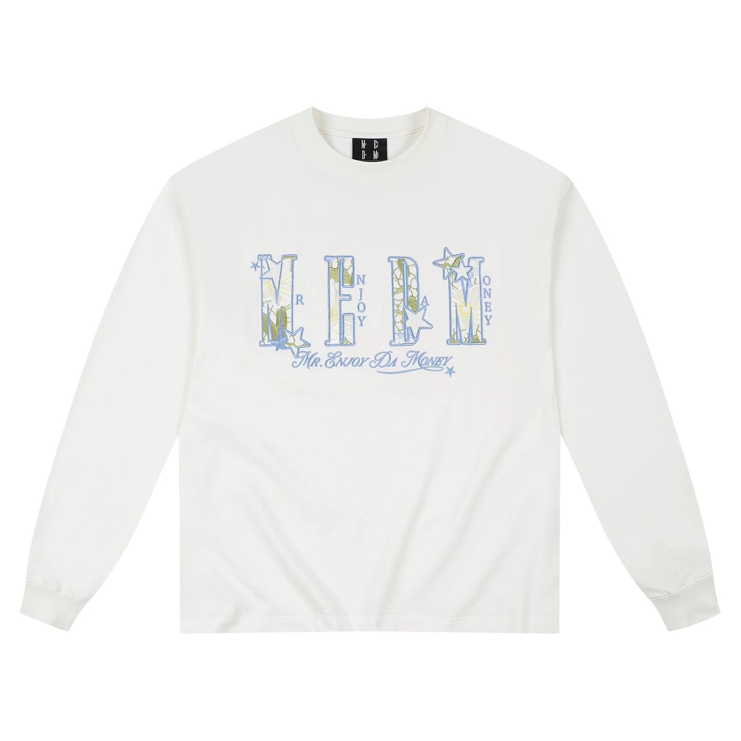 MEDM letter hollowed out flower patch casual long sleeved T-shirt simple and versatile commuting round neck couple top for spring and autumn