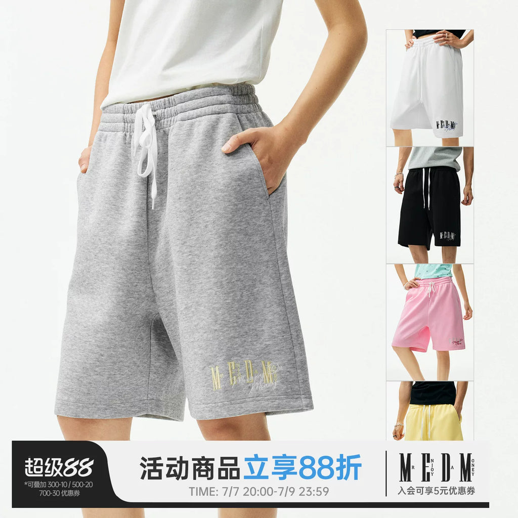 MEDM Color Basic Versatile Logo Embroidered Loose Shorts Trendy Men's and Women's Simple Drawstring Casual Pants Summer