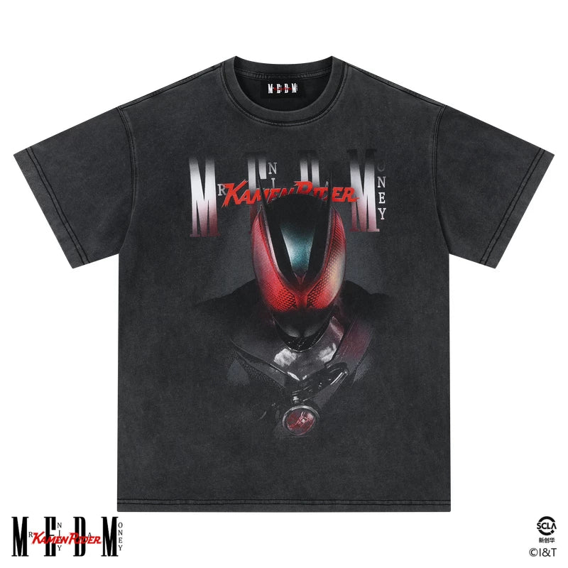 MEDMx Kamen Rider Collaboration - Half body Printed Cotton Washed Outdated Casual Short Sleeve Men's Round Neck T-shirt