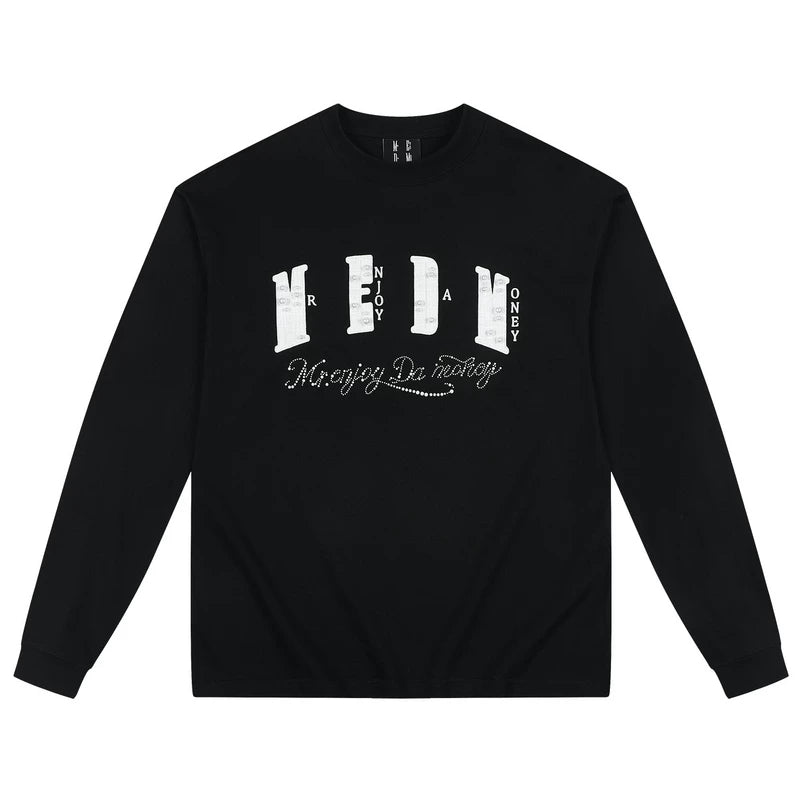 MEDM multi-color small fragrance patch fabric pearl round neck loose long sleeved T-shirt trendy street versatile casual couple top