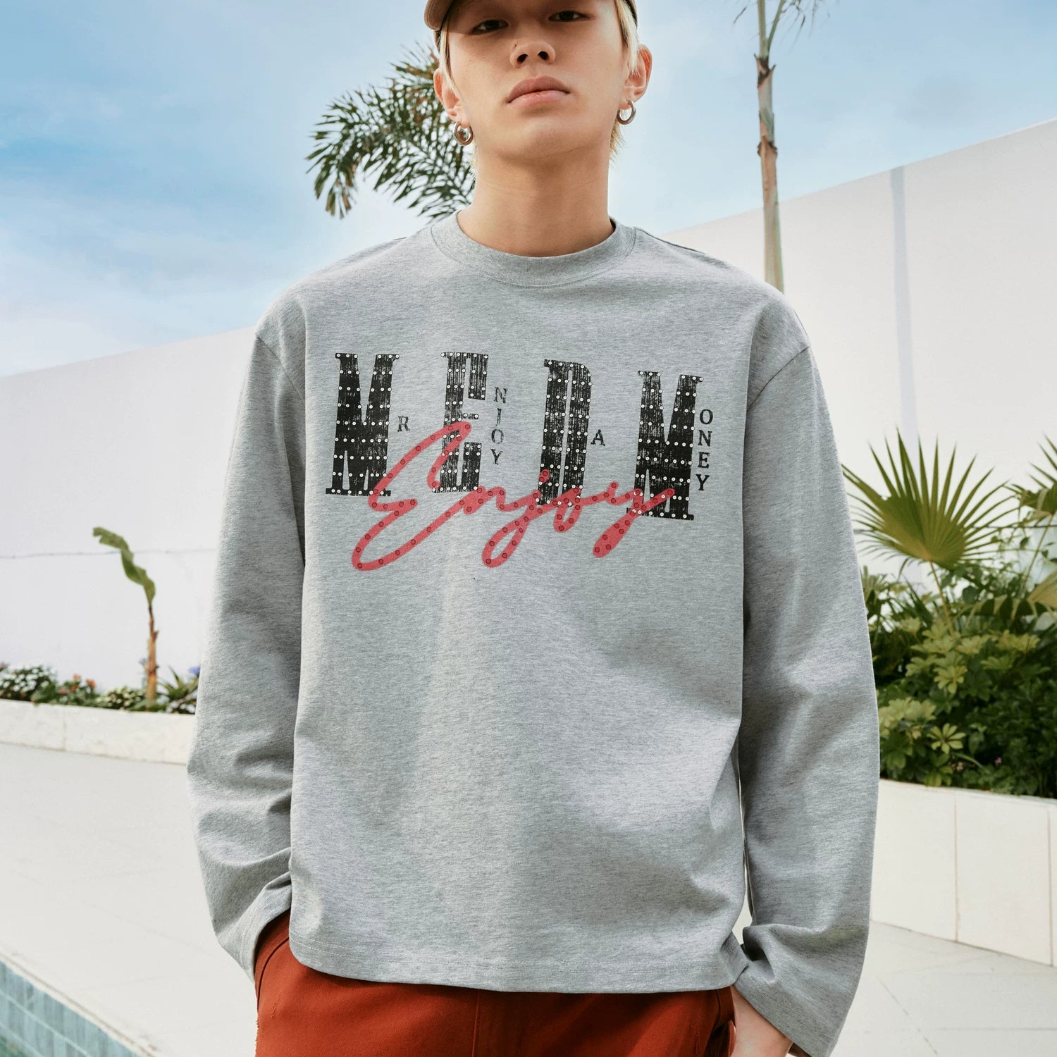 MEDM25SS washed short long sleeved T-shirt for men, American retro loose casual T-shirt, spring and autumn versatile top for women