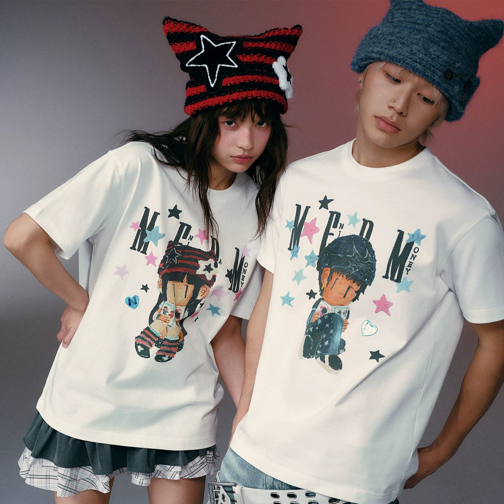 MEDMxNEWMASUS joint love letter print star pattern casual couple short sleeved summer round neck T-shirt trendy
