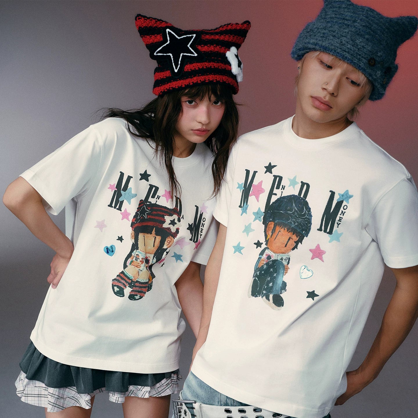 MEDMxNEWMASUS joint love letter print star pattern casual couple short sleeved summer round neck T-shirt trendy
