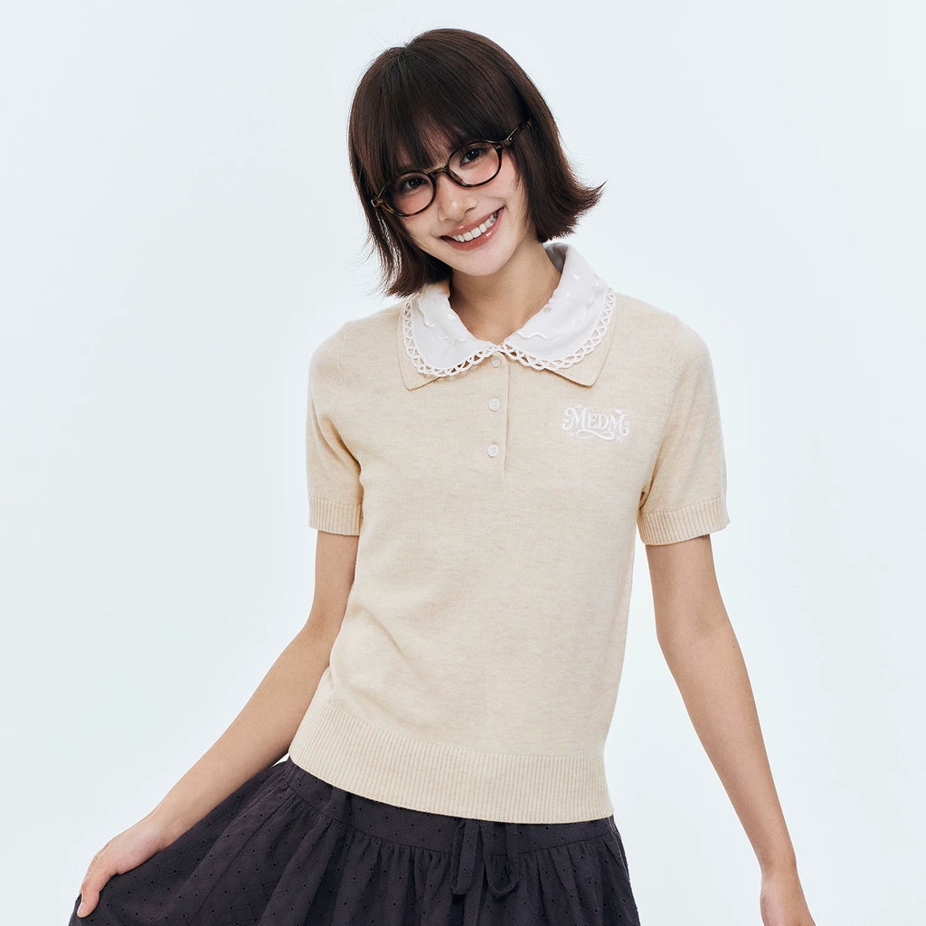 MEDM detachable lace collar casual knitted polo shirt simple and versatile sweet cool style loose short sleeved summer women