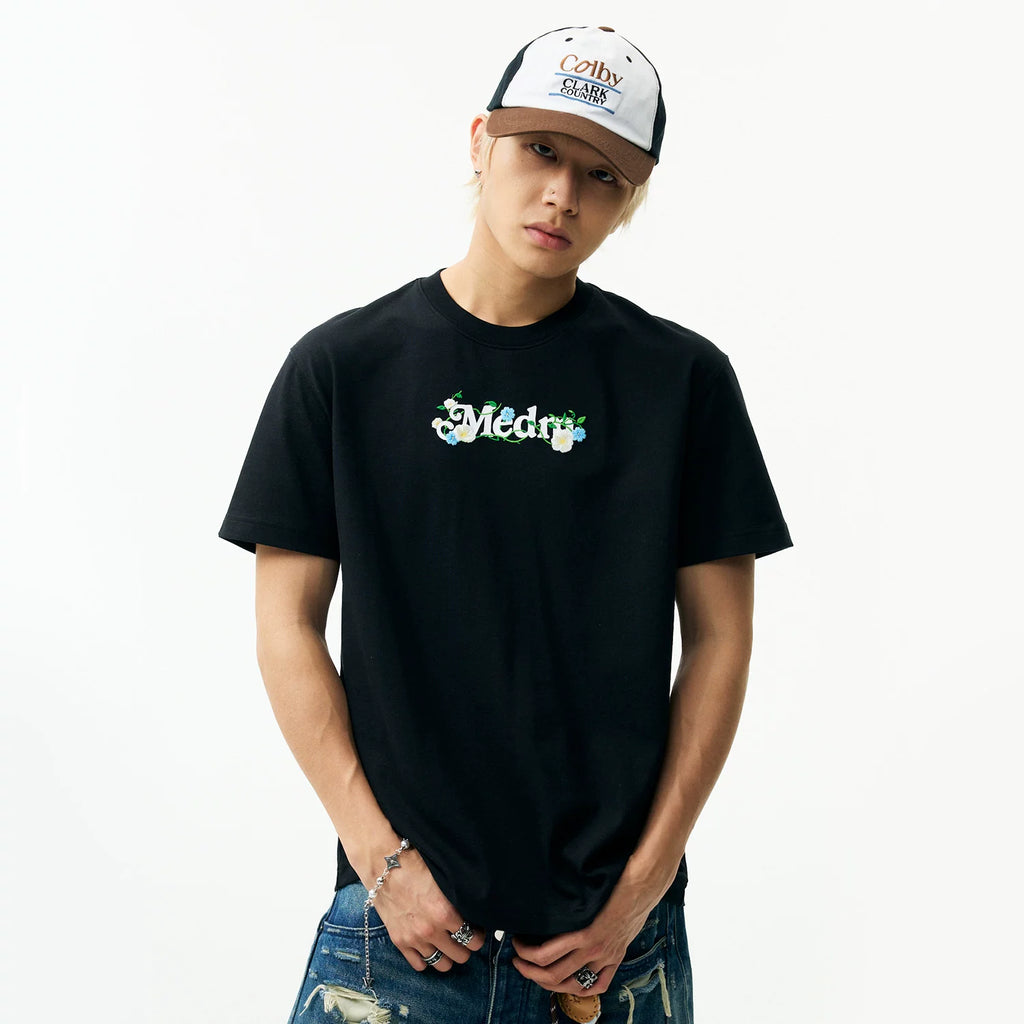 MEDM Light Embroidered Flower Casual Round Neck T-shirt American Street Versatile Letter Printed Loose Couple Short Sleeve