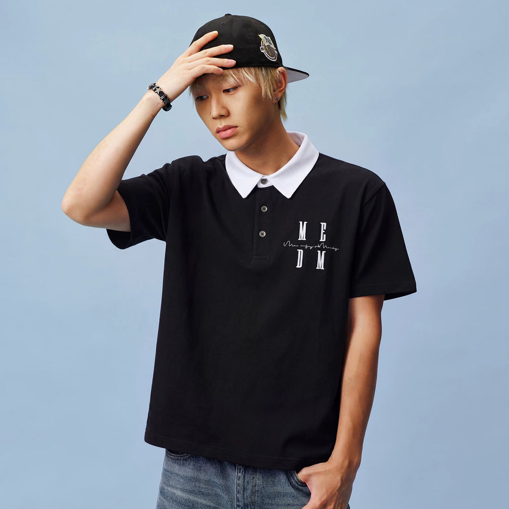 MEDM basic color blocking three-dimensional embroidery logo casual polo collar short sleeved summer trend simple loose short sleeved men