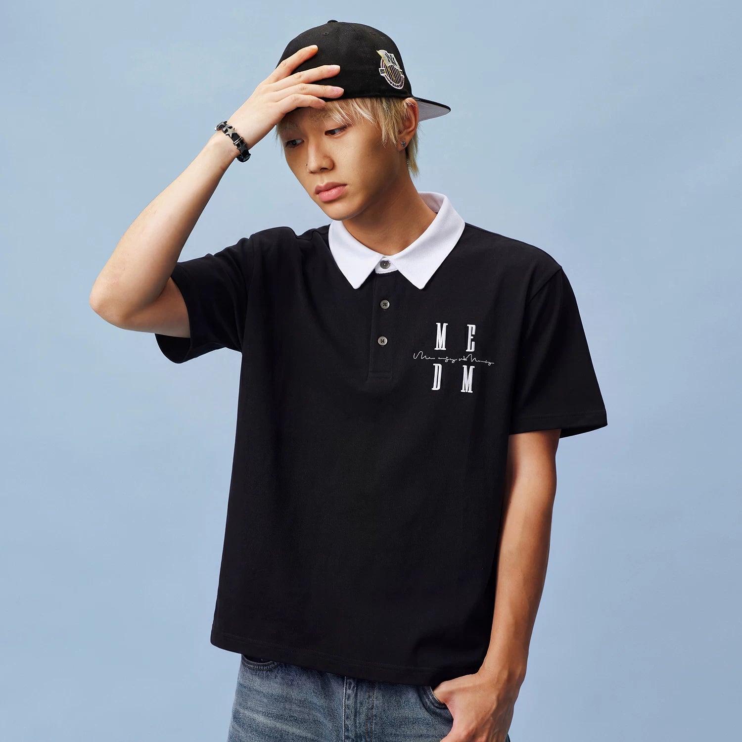 MEDM basic color blocking three-dimensional embroidery logo casual polo collar short sleeved summer trend simple loose short sleeved men