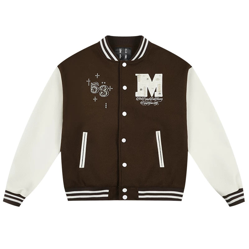 MEDM color blocking patchwork nail pearl casual stand up baseball jacket autumn American men's and women's loose long sleeved jacket jacket