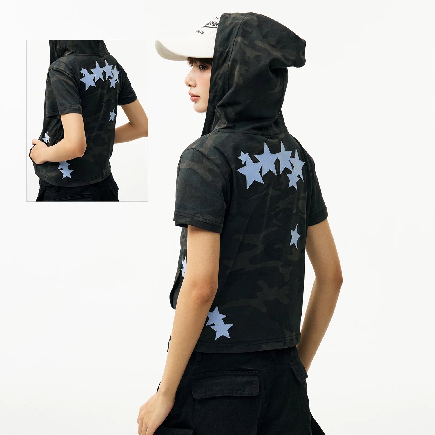 MEDM camouflage star sticker casual short sleeved hoodie cute style zipper slim fit cardigan hooded T-shirt for women