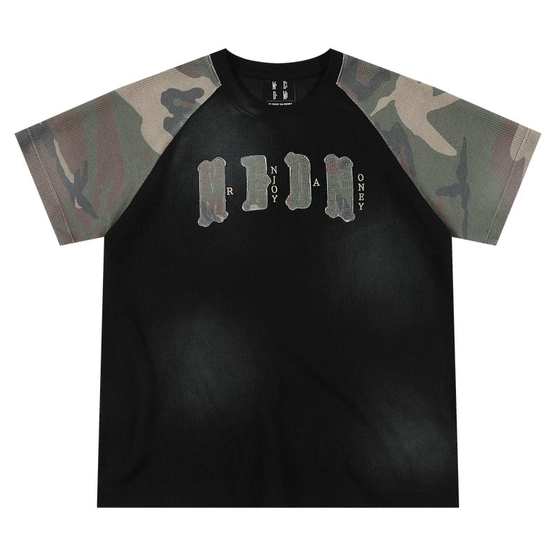 MEDM Waffle Camouflage Patch Logo Shoulder Insertion Casual Round Neck Short Sleeve Retro Vintage Vintage Loose Men's and Women's T-shirt Summer