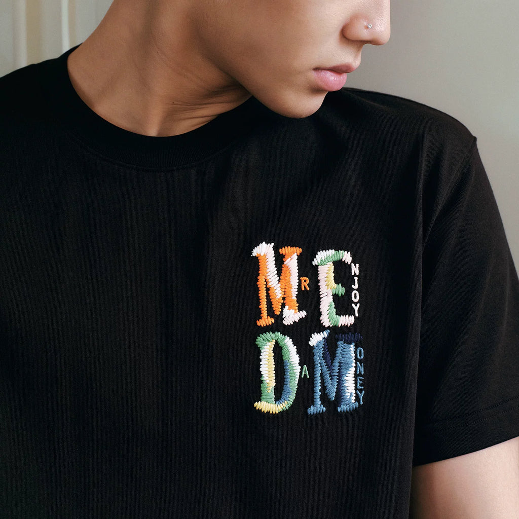 MEDM Woolen Embroidered Logo Casual Round Neck T-shirt American Street Loose Shoulder Men's and Women's Short Sleeves Summer