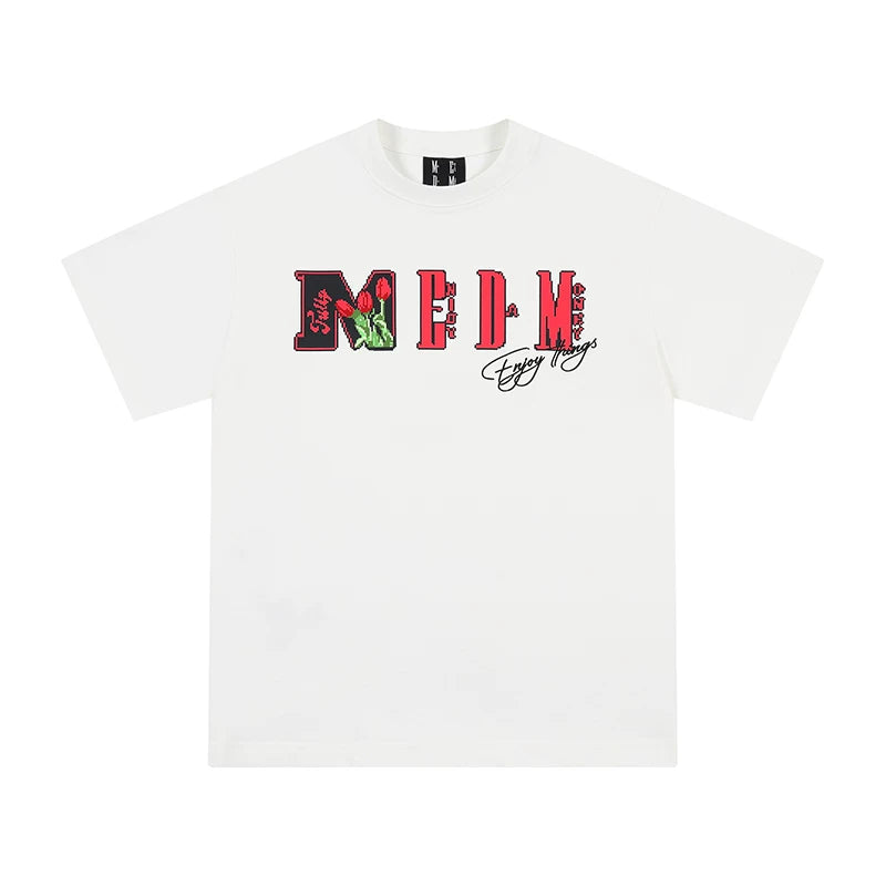 MEDM Mosaic Flower Series Short Sleeve T-shirt for Men and Women, Summer American Loose Round Neck Half Sleeve T-shirt