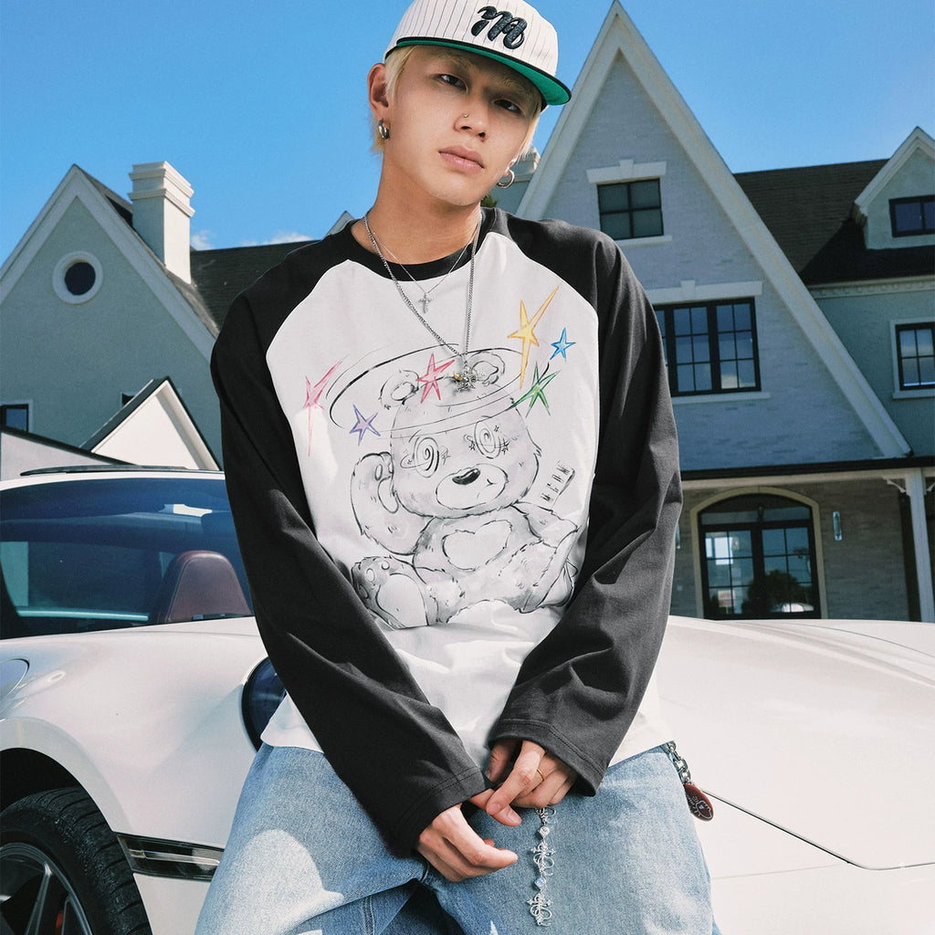 MEDM Dazzling Bear Series Printed Thin Fabric Shoulder Insertion Long Sleeve T-shirt Spring and Autumn Trendy Brand Round Neck Couple's Top