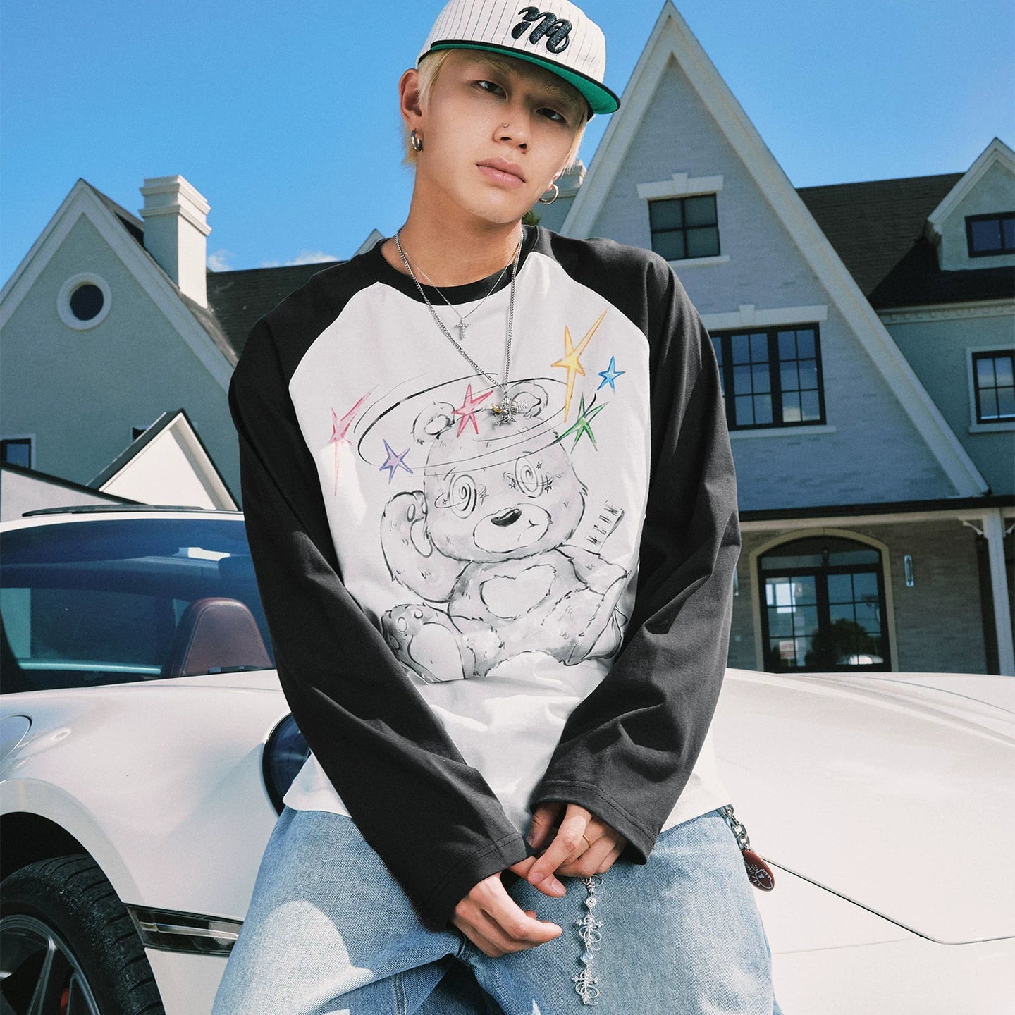 MEDM Dazzling Bear Series Printed Thin Fabric Shoulder Insertion Long Sleeve T-shirt Spring and Autumn Trendy Brand Round Neck Couple's Top