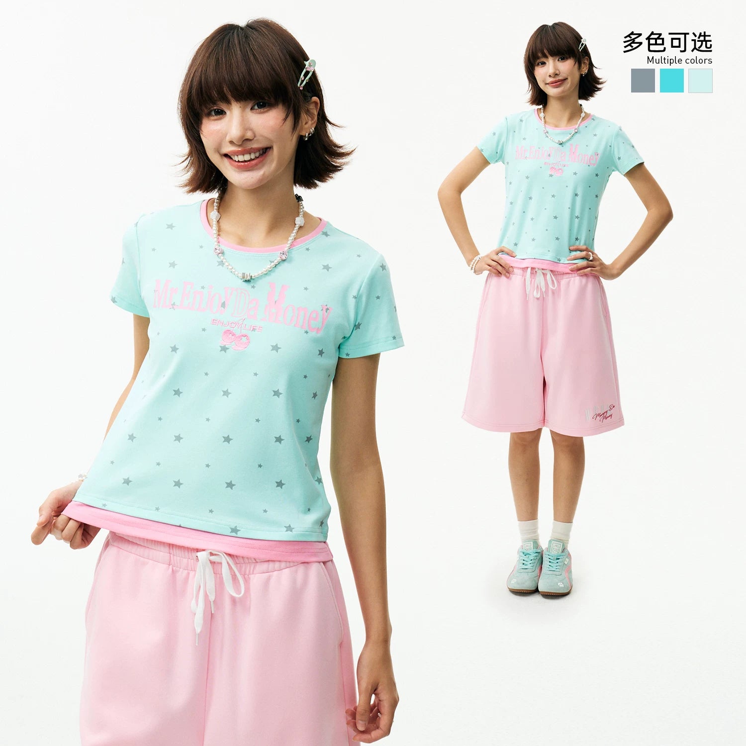 MEDM Color Star Wave Dot Fake Two piece T-shirt Women's Style Letter Printed Girl Feel Casual Round Neck Short Sleeve Summer