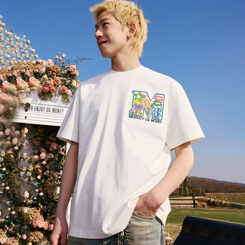 Zhang Xingte's MEDM Coconut Tree Star Toothbrush Embroidered with M Logo Summer Short sleeved T-shirt for Men and Women Loose Trendy Half Sleeve