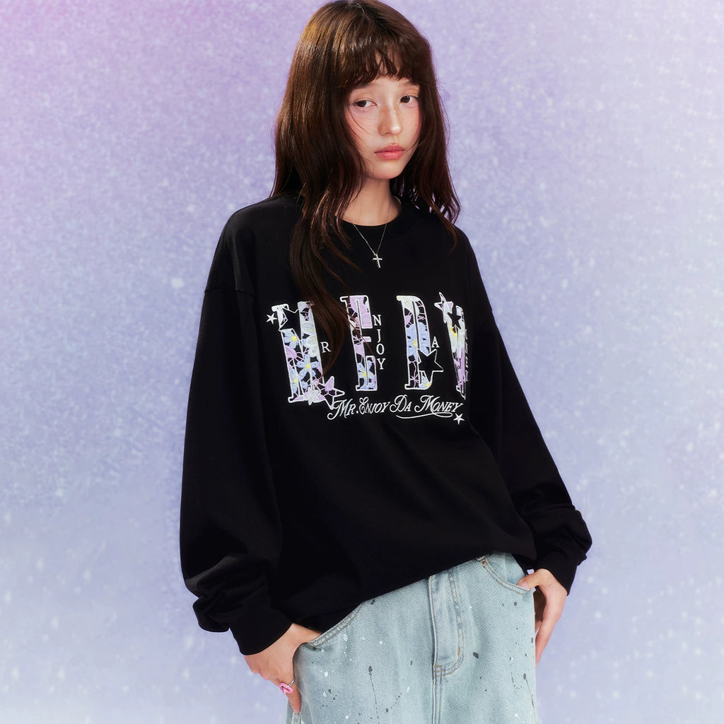 MEDM letter hollowed out flower patch casual long sleeved T-shirt simple and versatile commuting round neck couple top for spring and autumn