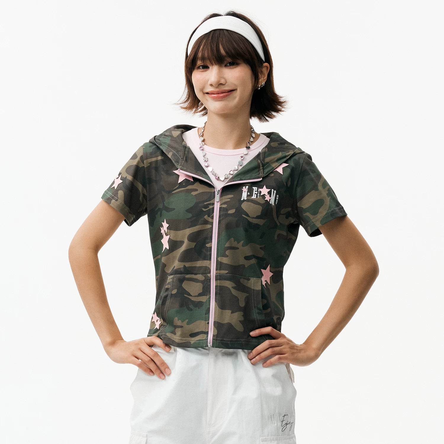 MEDM camouflage star sticker casual short sleeved hoodie cute style zipper slim fit cardigan hooded T-shirt for women