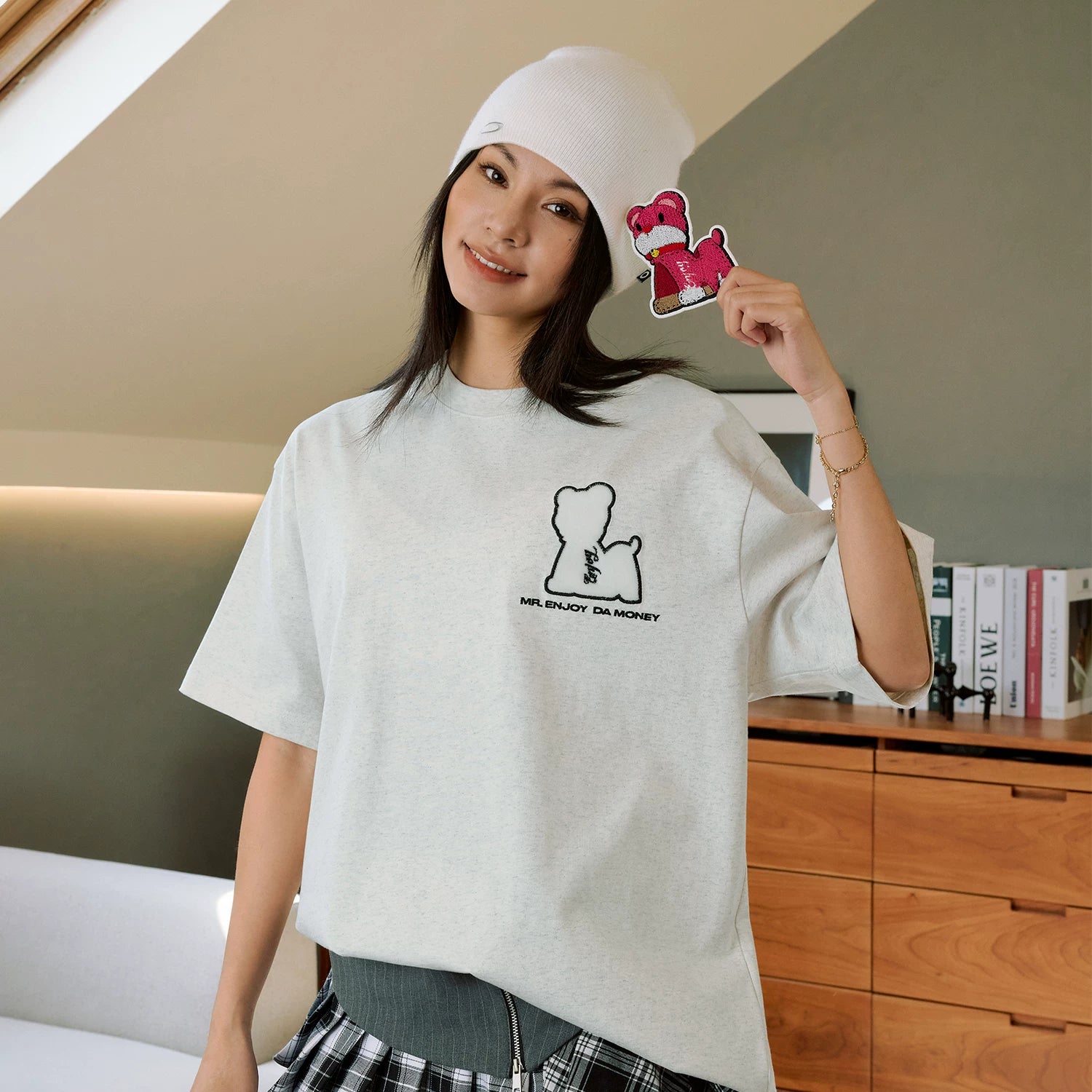 MEDM Pet Kitten Toothbrush Embroidery Velcro Short Sleeve Casual T-shirt Simple and Versatile for Men and Women Couple Short Tee