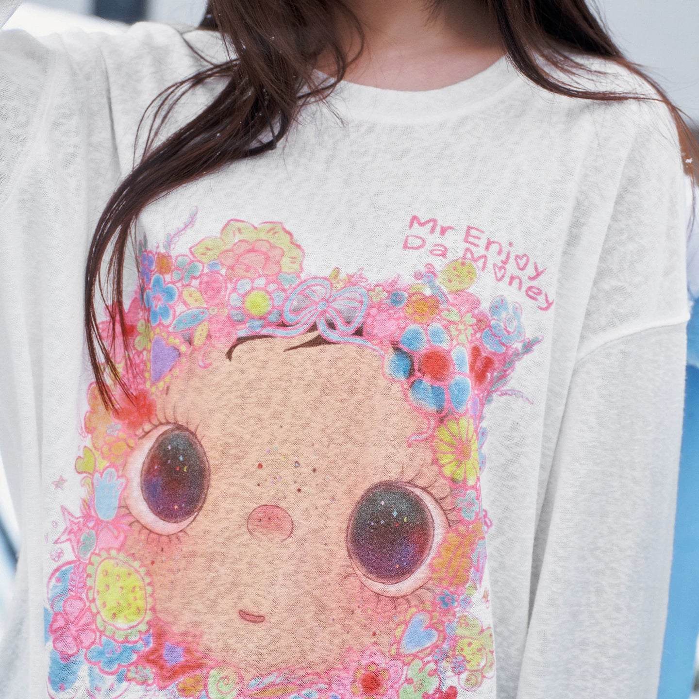 MEDM × YUY Jade Collaboration - Flower Surrounding Printed Logo Casual Long Sleeve T-shirt Cute Loose Round Neck Hoodie