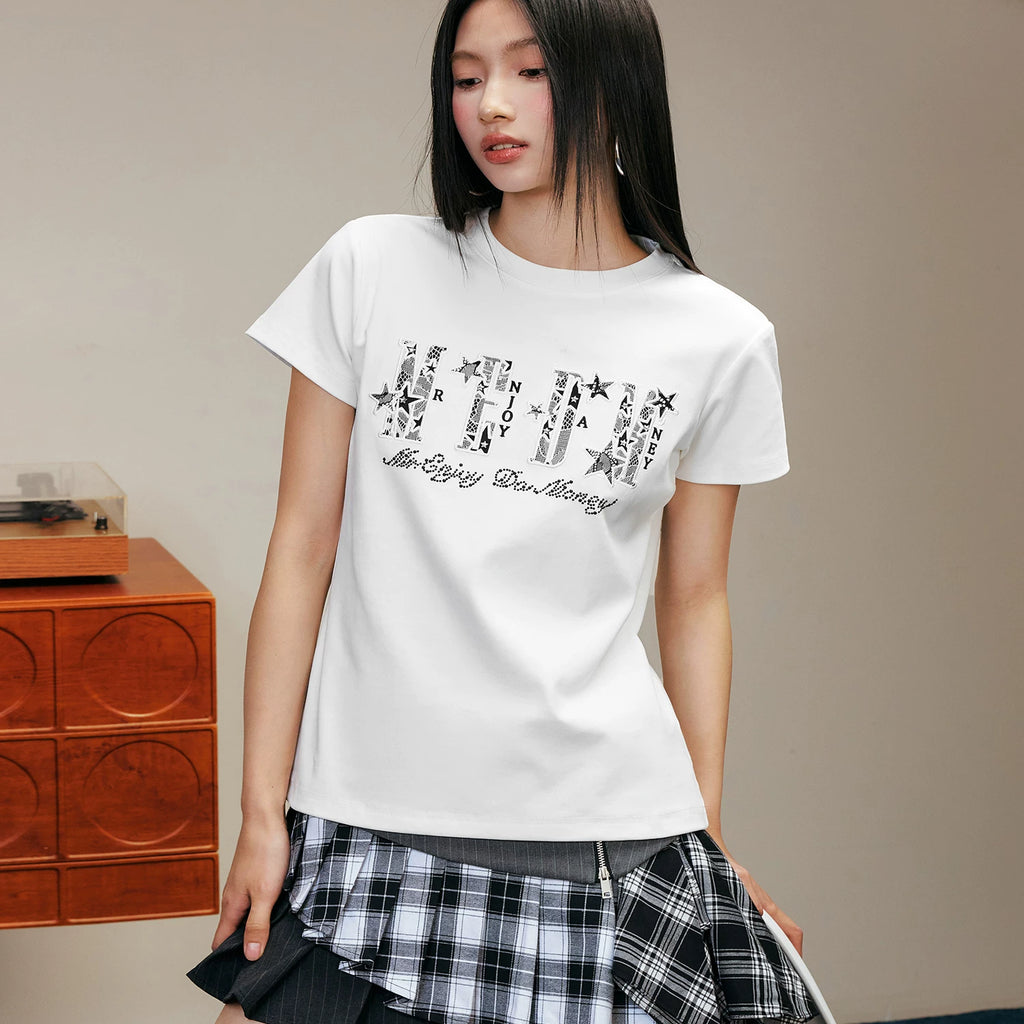 MEDM26SS Star Burst Lace Patch Short Sleeve Men's American Hip Hop Summer T-shirt Women's Casual Couple Tee