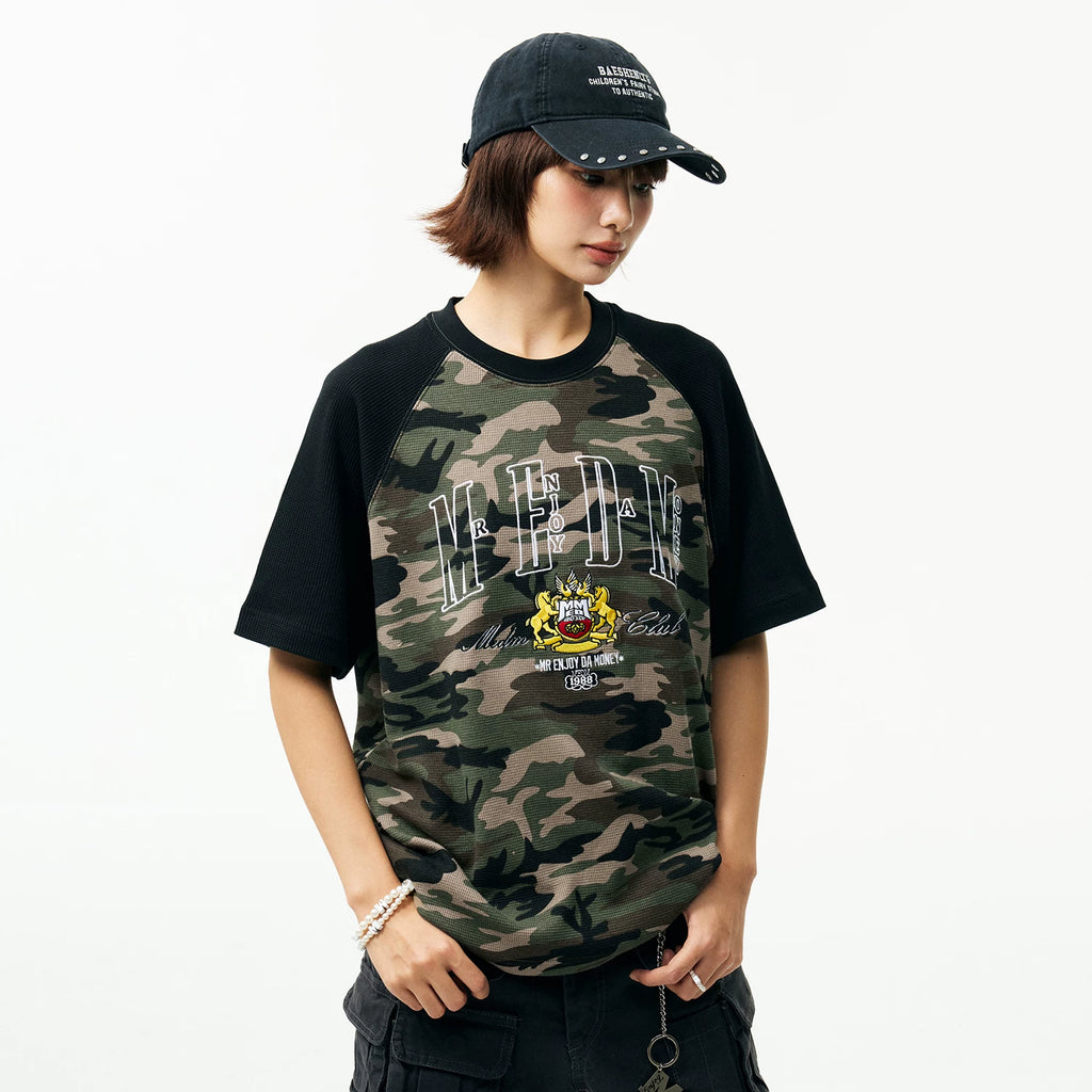 MEDM textured Waffle raglan sleeves, comfortable and breathable loose T-shirt, trendy commuting, contrasting colors, casual short sleeved summer