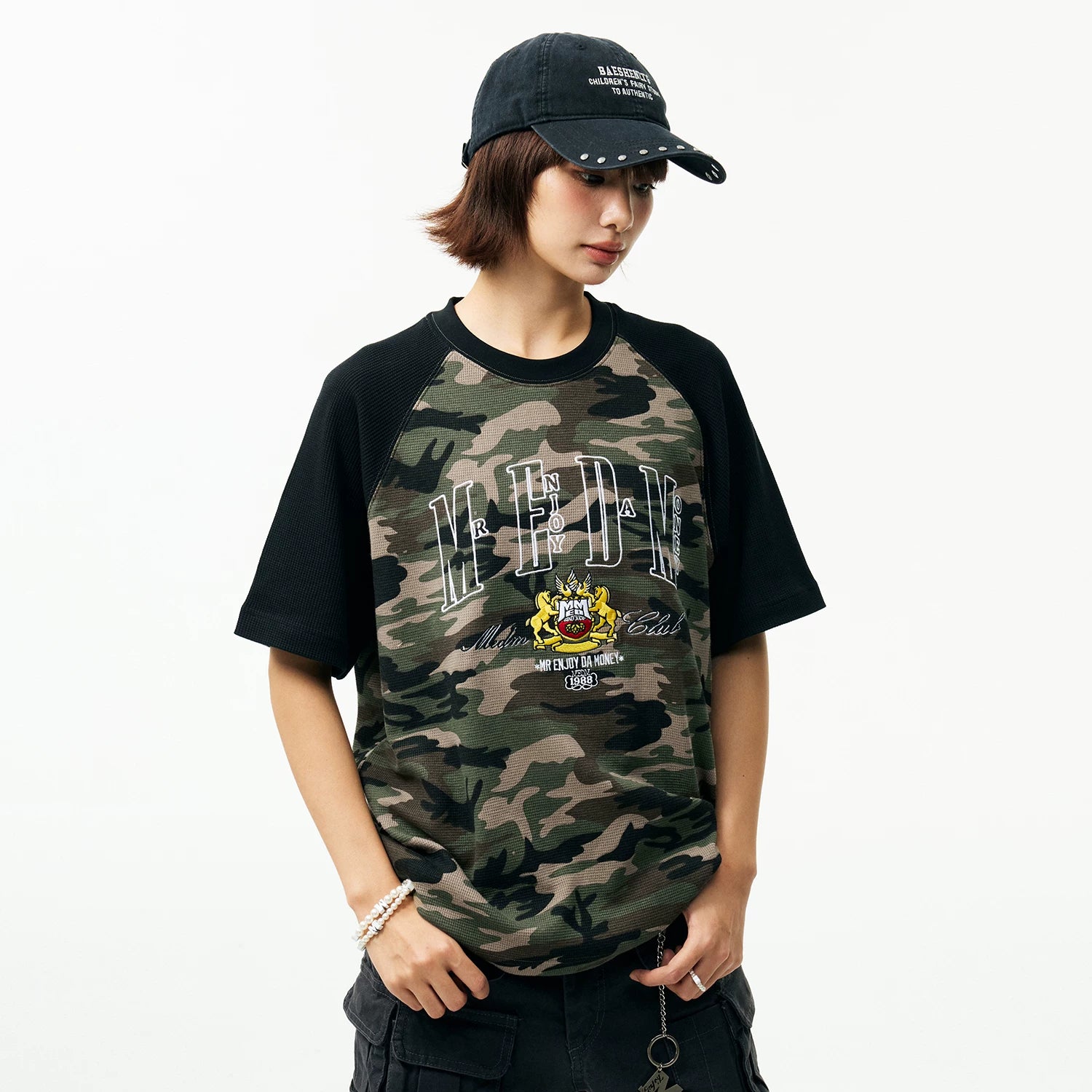 MEDM textured Waffle raglan sleeves, comfortable and breathable loose T-shirt, trendy commuting, contrasting colors, casual short sleeved summer