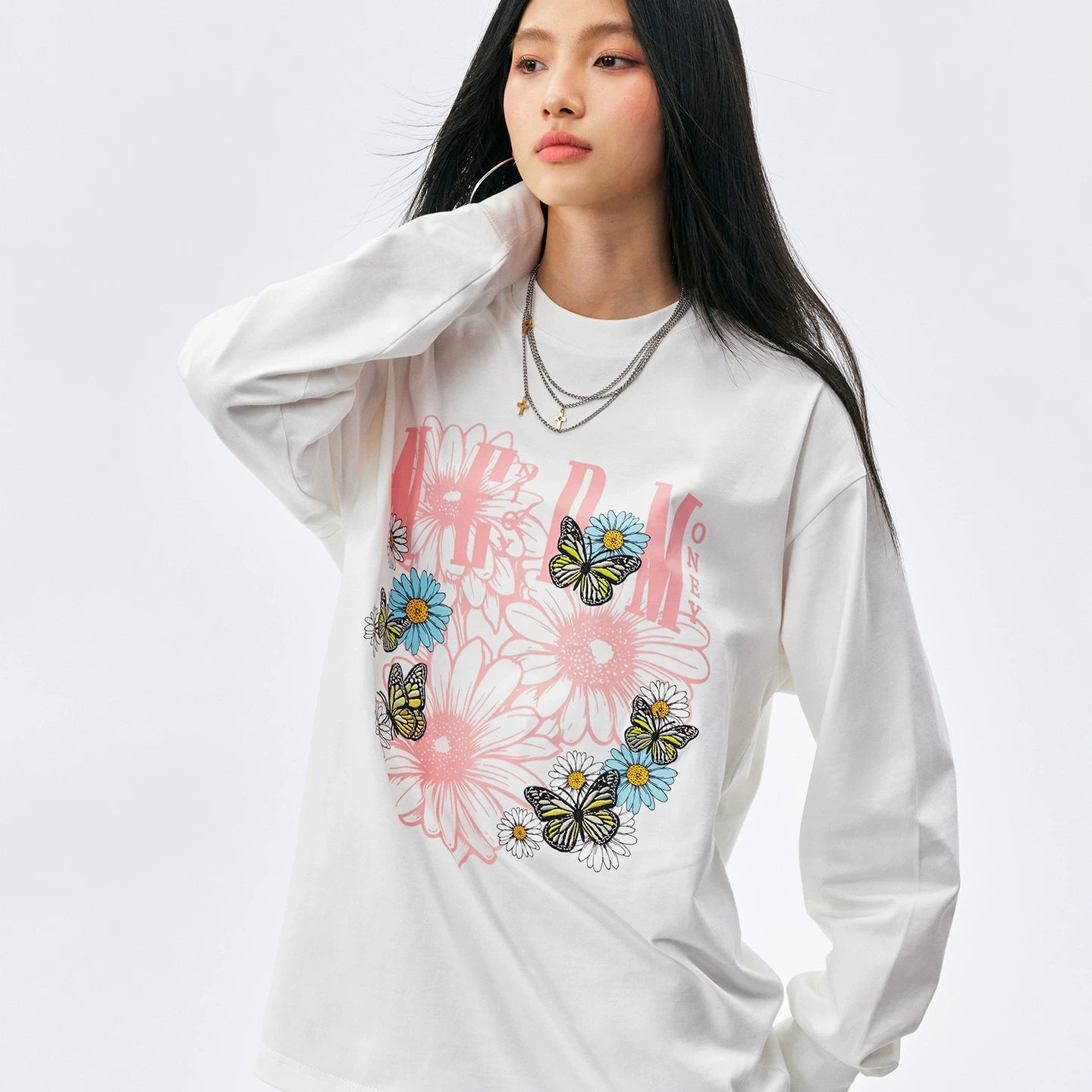 MEDM New Product Letter Color Flower Printed Round Neck Casual Long Sleeve T-shirt Trendy Brand Street Versatile Loose Couple Top
