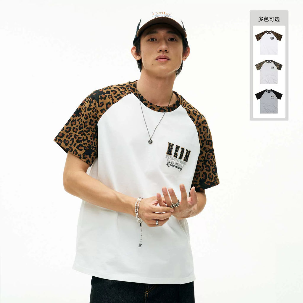 MEDM 冚 Car line raglan sleeves leopard print leather casual short sleeves American retro contrasting shoulder loose men's and women's T-shirts