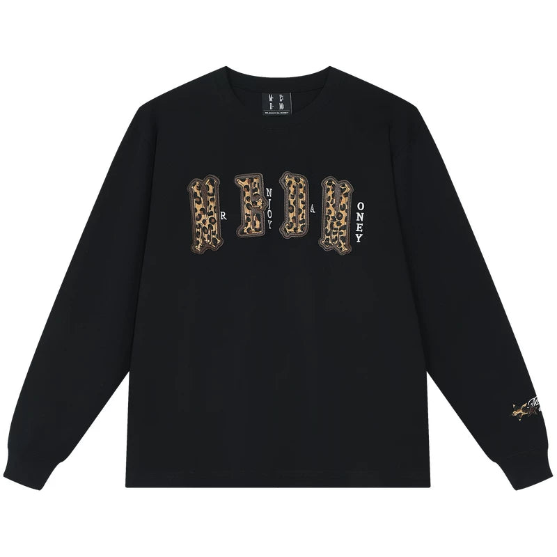 MEDM double-layer leather leopard print patch embroidered casual round neck long sleeved T-shirt trendy and versatile couple loose top