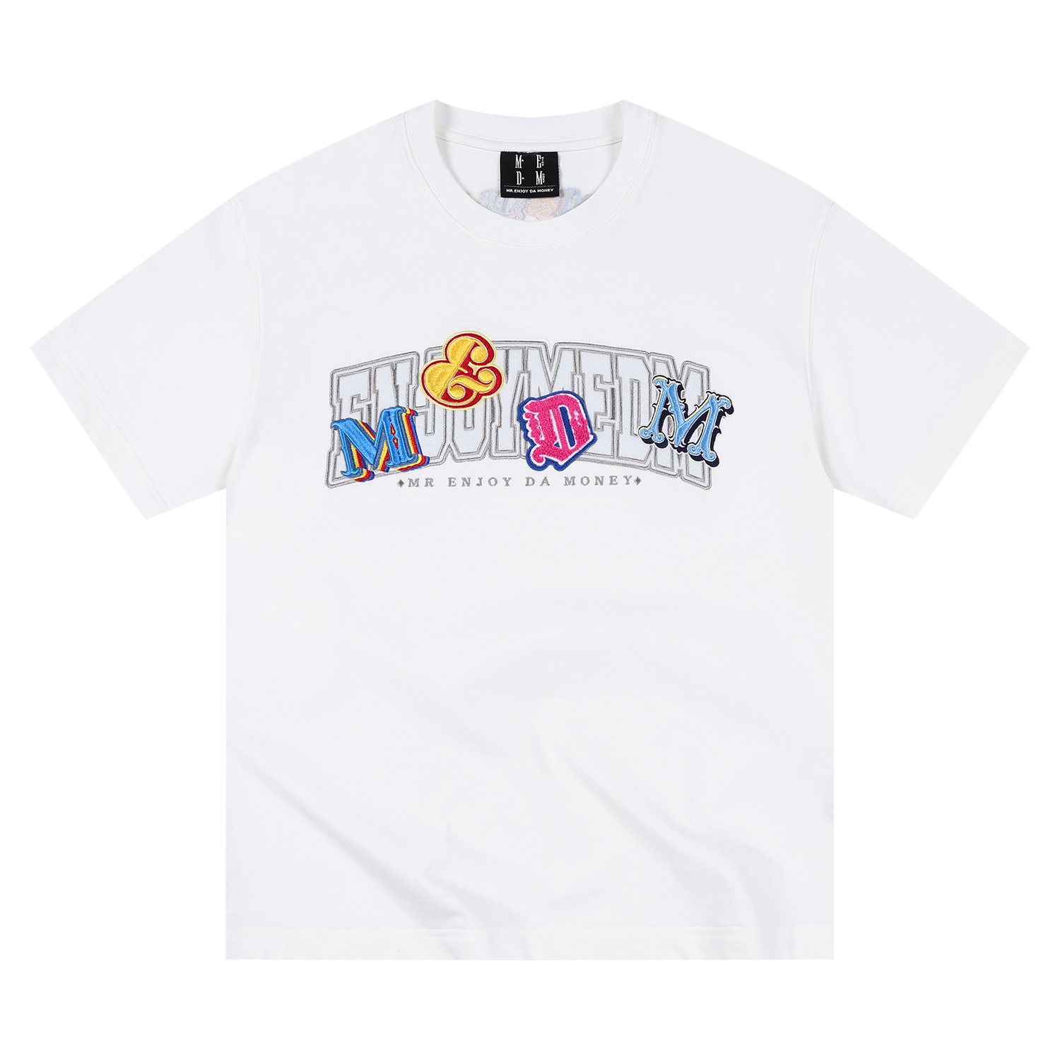 MEDM double-layer contrasting embroidered letters casual round neck T-shirt American retro unisex loose short sleeved summer