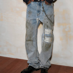 MEDM washed, worn, pasted fabric, ethnic style, casual denim pants, trendy brand, street loose straight leg ripped pants, autumn
