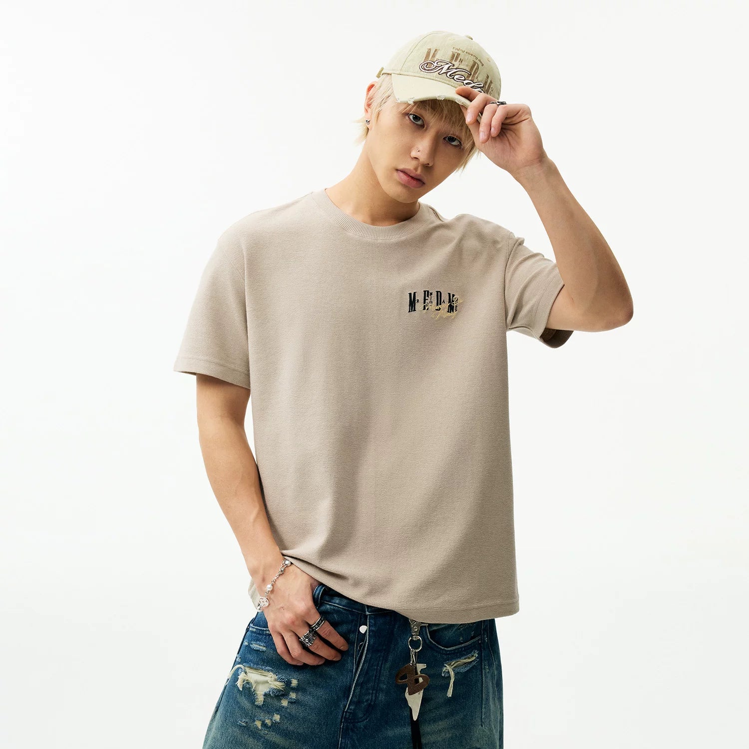 MEDM looped double-sided basic logo embroidery casual round neck T-shirt American heavyweight skin friendly versatile couple short sleeved shirt