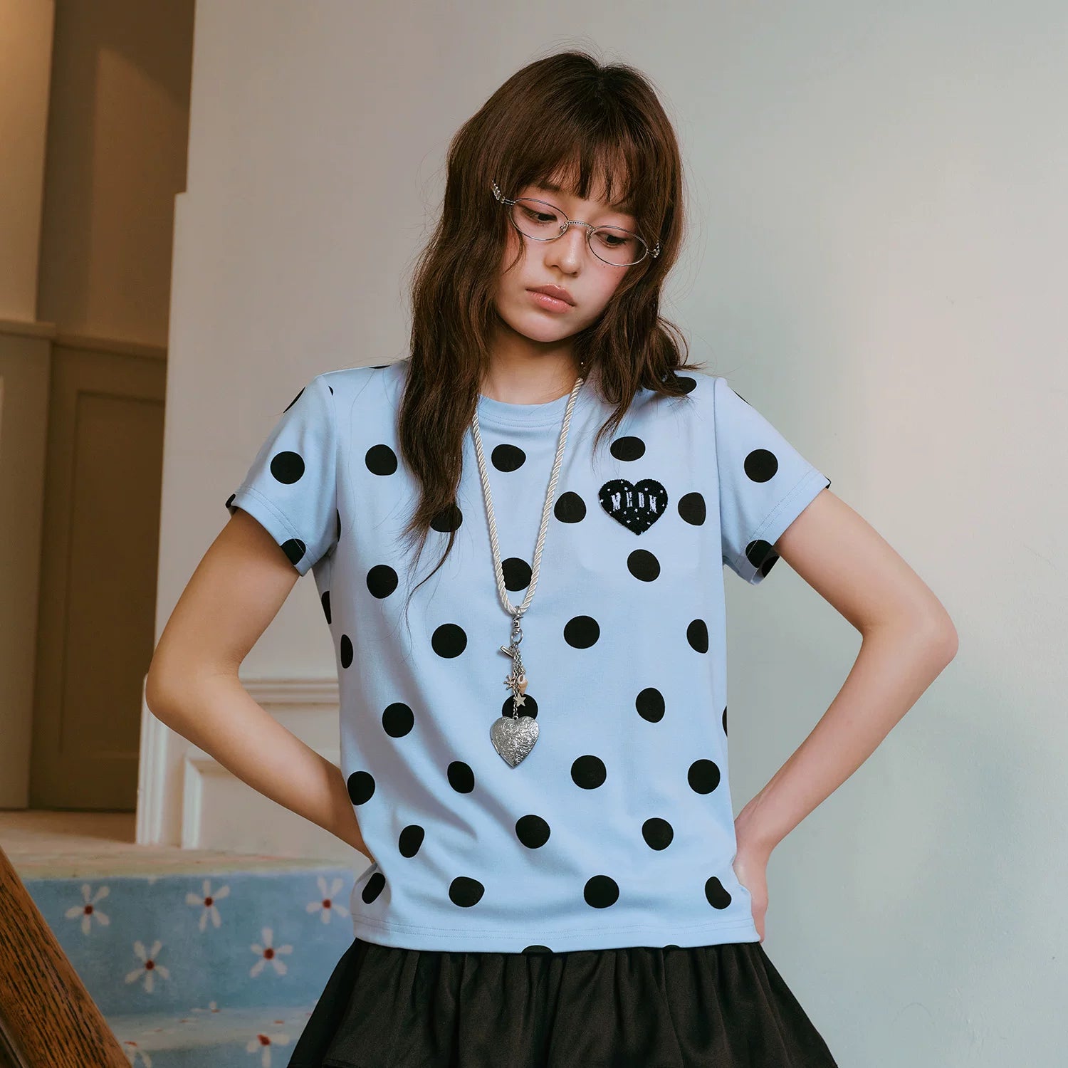 MEDM full print retro polka dot casual round neck short sleeved trendy love toothbrush embroidered logo loose T-shirt for women