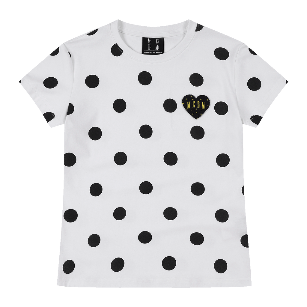 MEDM full print retro polka dot casual round neck short sleeved trendy love toothbrush embroidered logo loose T-shirt for women
