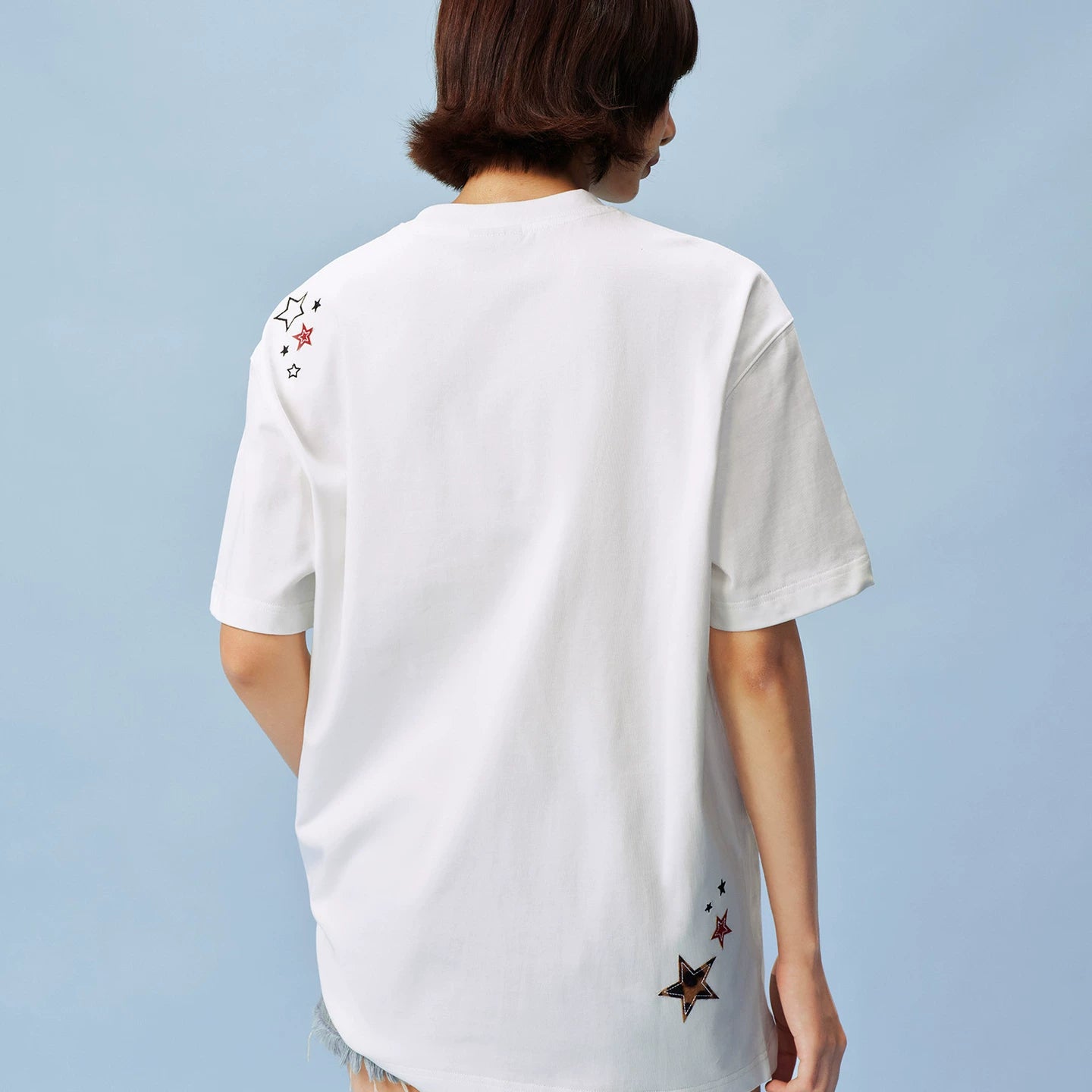 MEDM shoulder over star leopard print horsehair double-layer leather casual round neck short sleeved logo sticker versatile loose couple T-shirt