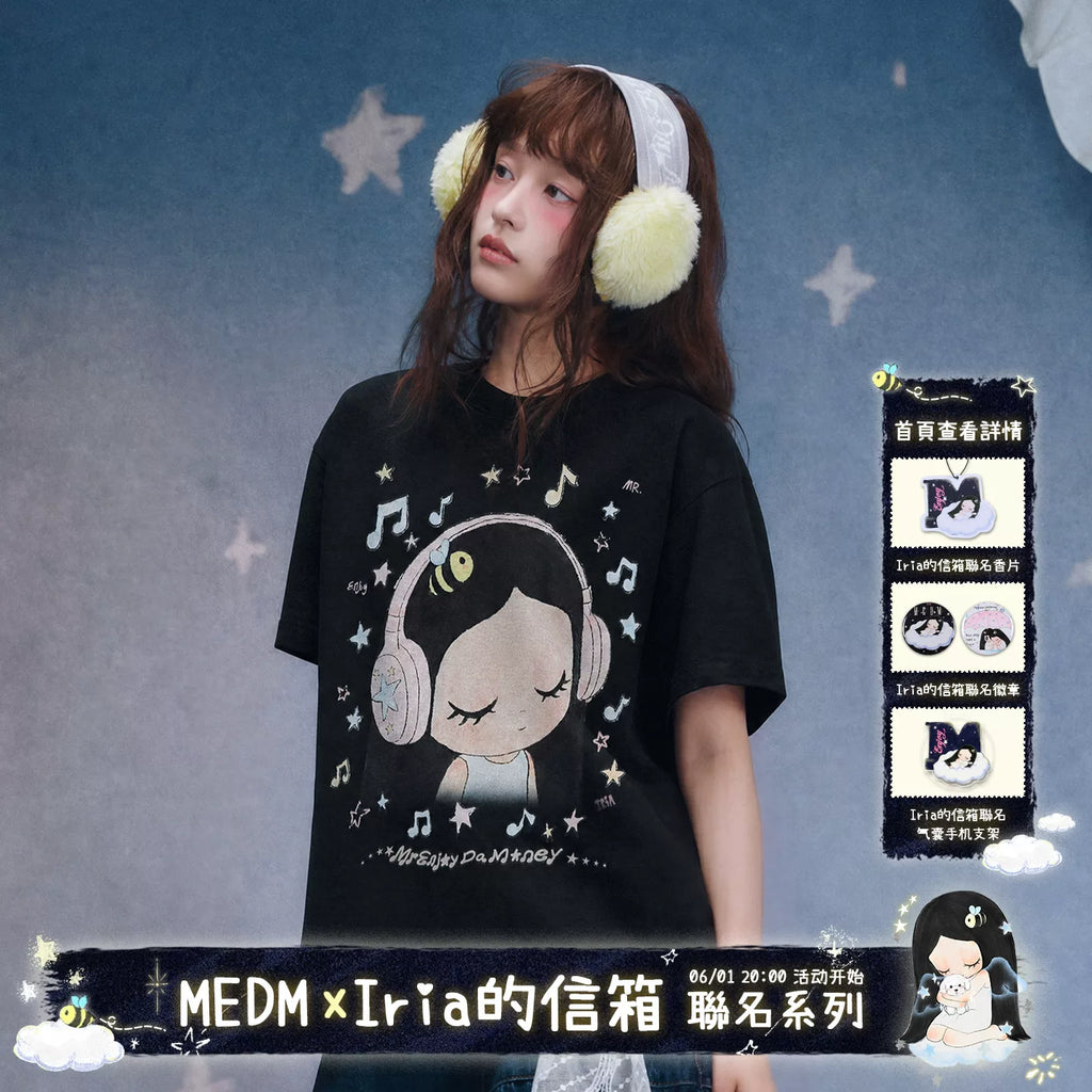 MEDM x Iria mailbox collaboration to enjoy music printed logo casual mini short sleeved round neck loose T-shirt