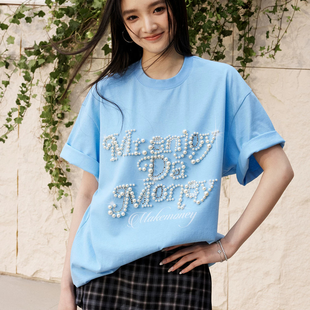 MEDM26SS pearl flower font summer short sleeved T-shirt for men and women, couple style American loose top T-shirt tee