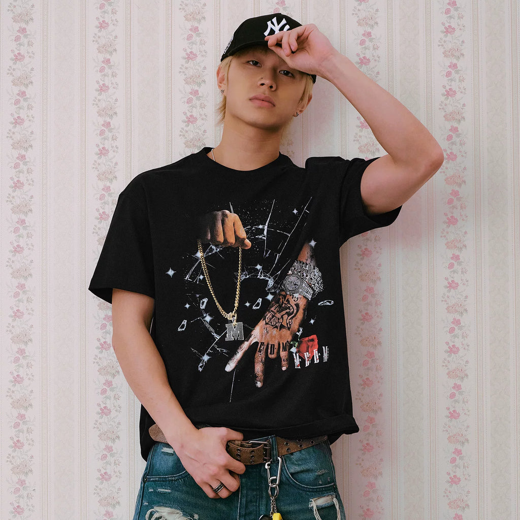 MEDM hardcore street style printed watch casual round neck T-shirt American retro hip-hop loose short sleeved summer