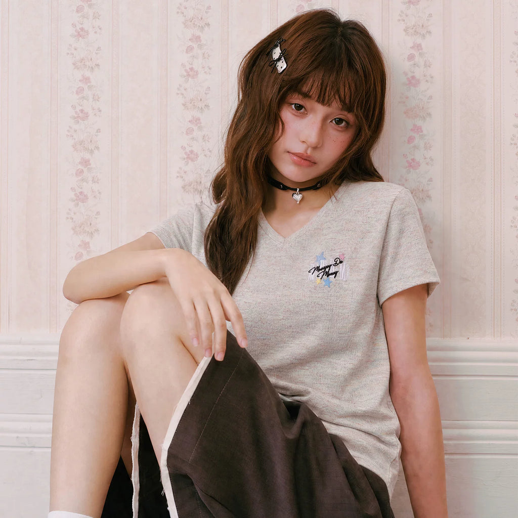 MEDM V-neck vortex star sticker leather embroidery casual short sleeved retro girl style slimming short style high waist top summer