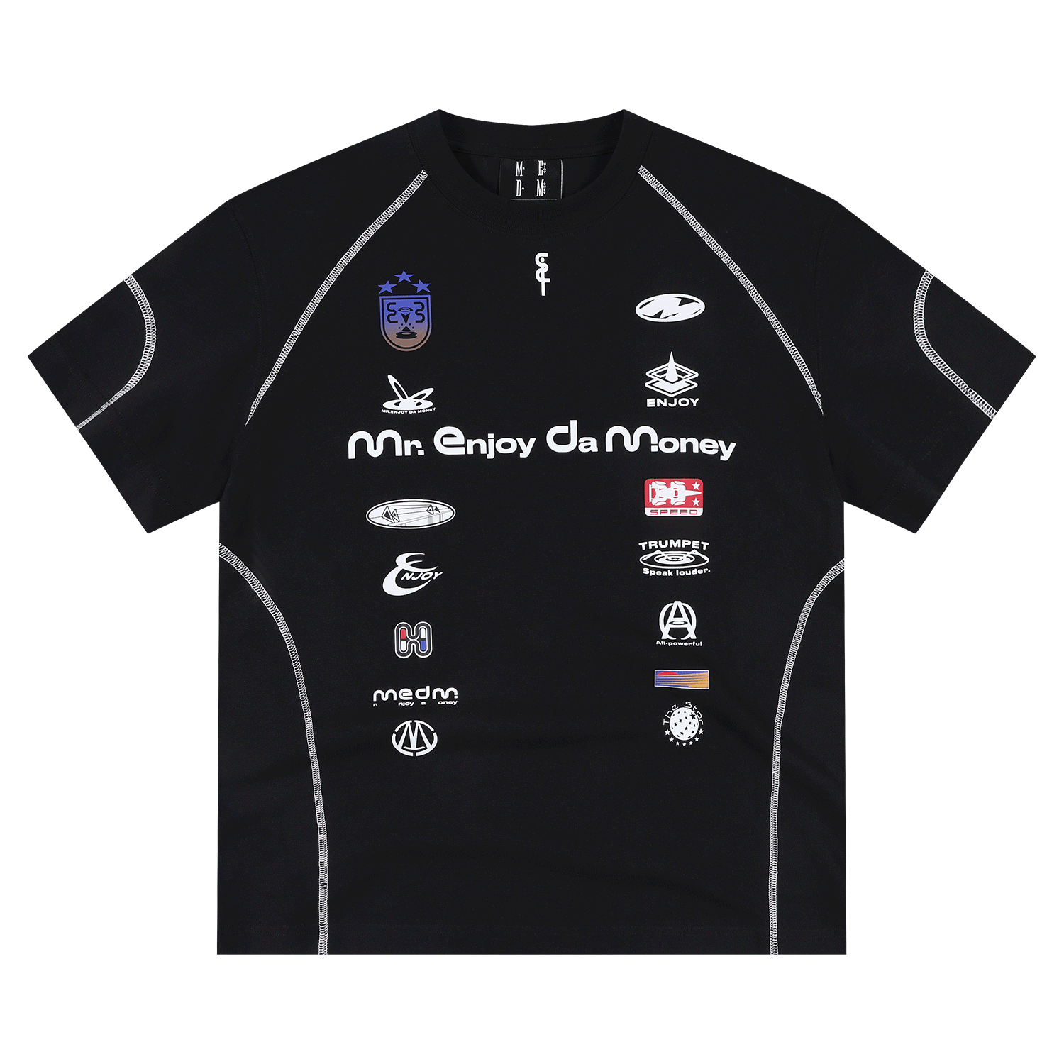 MEDM brand logo layout, stitching, personality, sports and leisure, round neck short sleeved, American trend, raglan sleeve T-shirt, summer